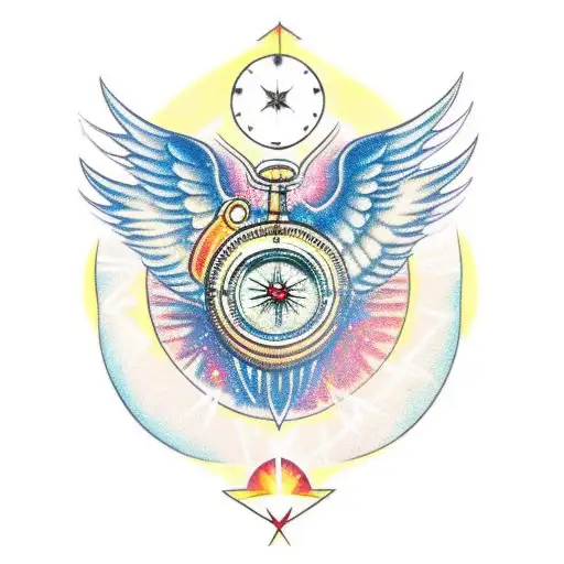Wing of an angel, with a broken compass, and a phoenix flying out of the shattered glass tattoo design idea