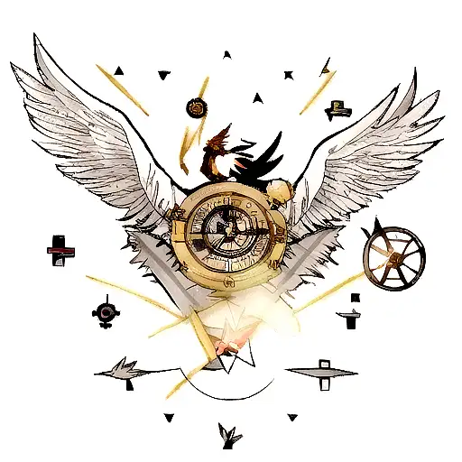 Wing of an angel, with a broken compass, and a phoenix flying out of the shattered glass tattoo design idea