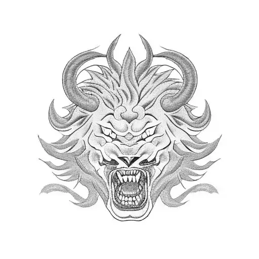 Japanese style blackwork arm sleeve having demon oni, lion fu, chrysanthemums, carp coil tattoo design idea