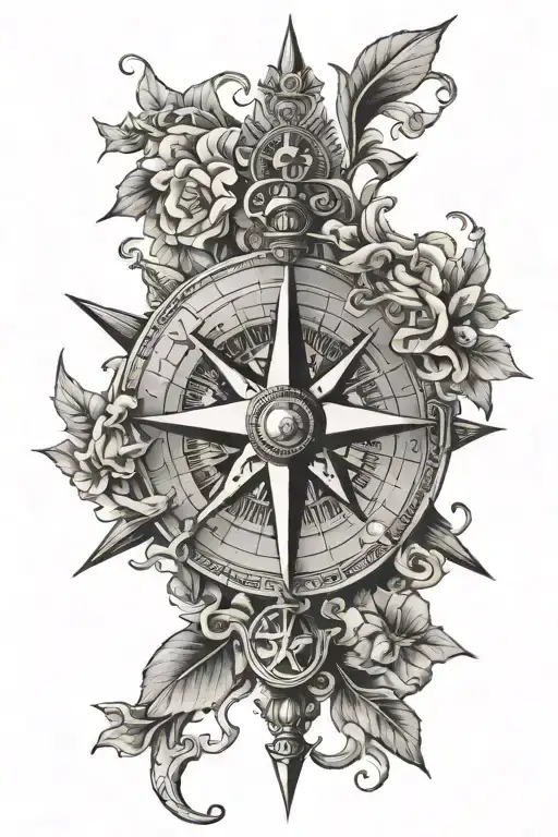 A traditional sailor's compass rose with intricate nautical details and a martin perched on top tattoo design idea