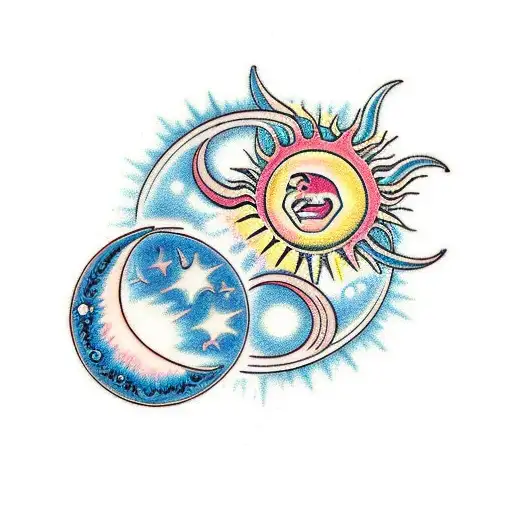 A celestial thread connecting a sun and moon, symbolizing destiny tattoo design idea