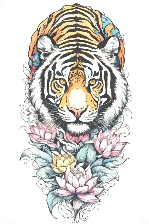 colorful  tiger surrounded by lotus flower blooming  tattoo design idea