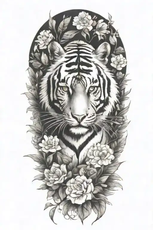 tiger in the rainforest with flowers all around tattoo design idea