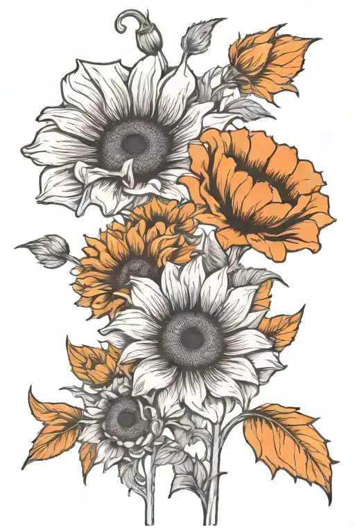 orange poppy and sunflower blooming tattoo design idea