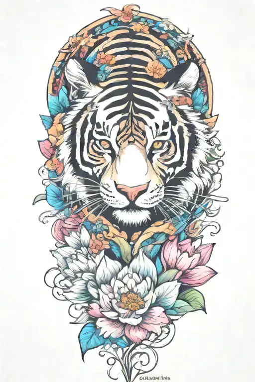 colorful  tiger surrounded by lotus flower blooming  tattoo design idea