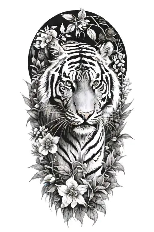 tiger in the rainforest with flowers all around tattoo design idea