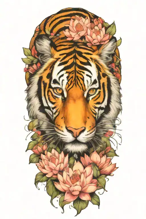 tiger surrounded by lotus flowers tattoo design idea