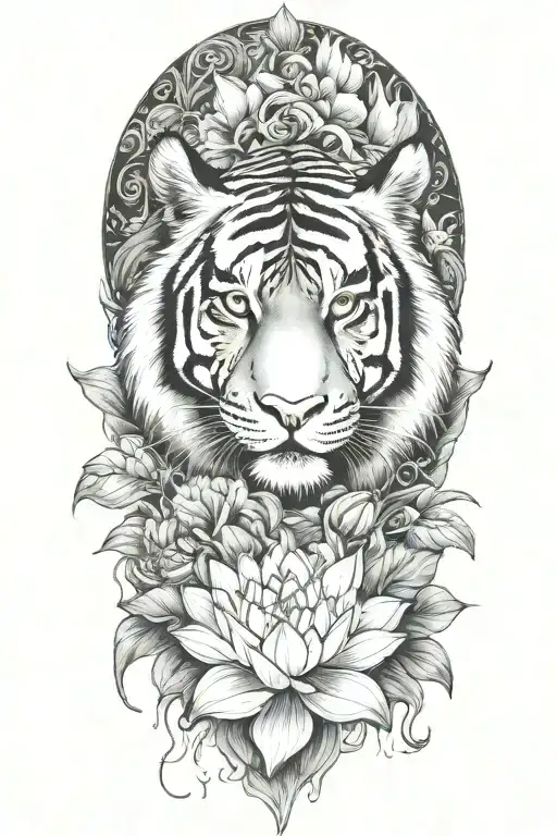 tiger surrounded by lotus flower blooming flower emerging tattoo design idea