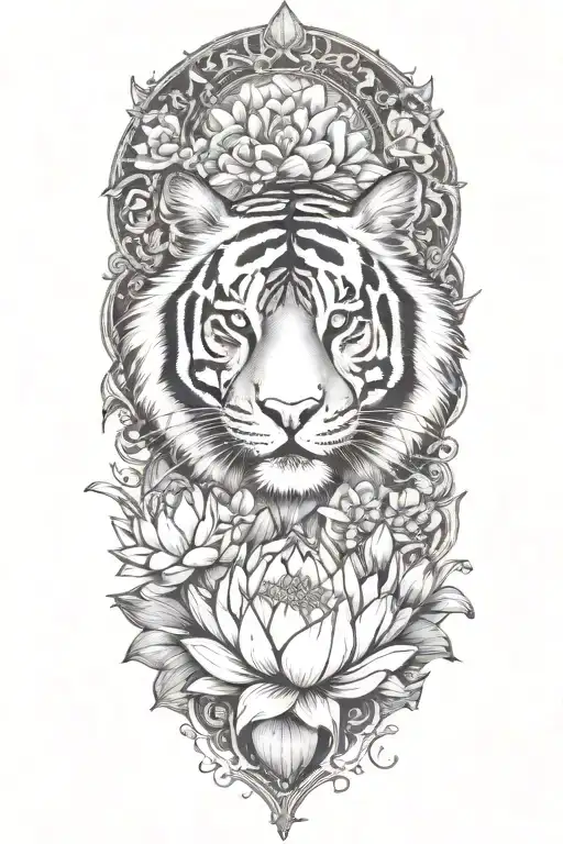 tiger surrounded by lotus flower blooming tattoo design idea