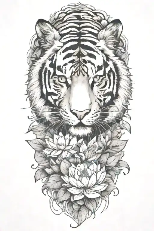 tiger surrounded by lotus flower blooming flower emerging tattoo design idea