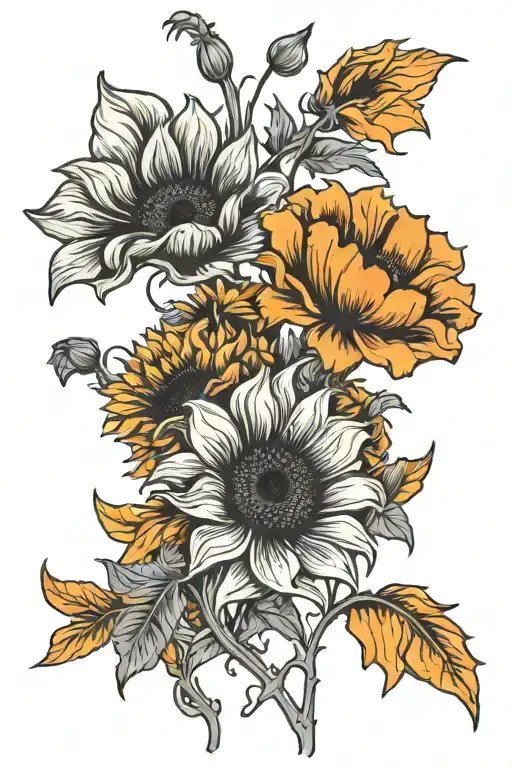 orange poppy and sunflower blooming tattoo design idea