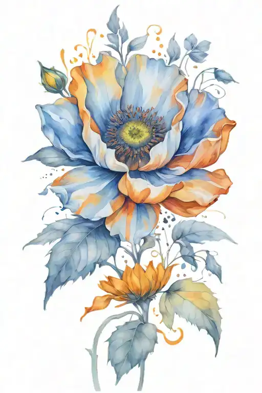 orange poppy and a sunflower under a blue sky l tattoo design idea