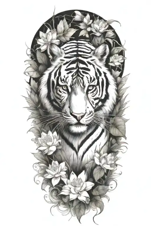 tiger in the rainforest with lotus  flowers all around  tattoo design idea