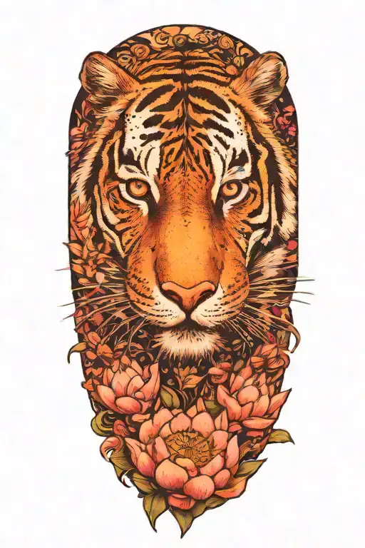 tiger surrounded by lotus flowers tattoo design idea