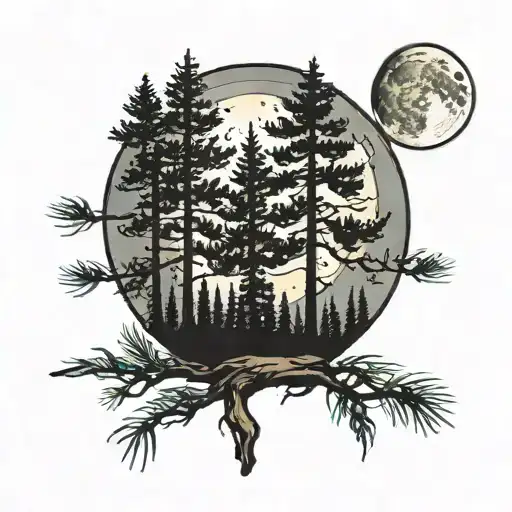 full moon with two pine trees background looking tattoo design idea