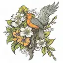 a broken tree growing with apple blossom flower, orange poppy flowers and a phoenix tattoo design idea