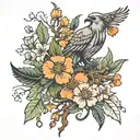 a broken tree growing with apple blossom flower, orange poppy flowers and a phoenix tattoo design idea