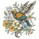 a broken tree growing with apple blossom flower, orange poppy flowers and a phoenix tattoo design idea