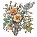a broken tree growing with apple blossom flower, orange poppy flowers and a phoenix tattoo design idea