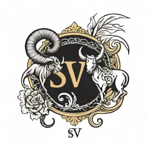 initals s and v with zodiac signs taurus and aries tattoo design idea