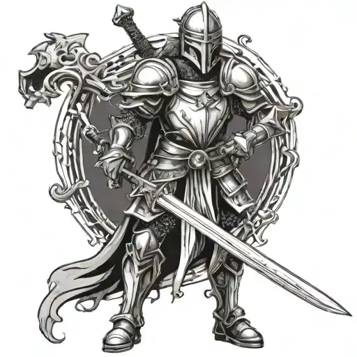 black and white dark fantasy medieval knight standing with a sword in his hands pointing down tattoo design idea