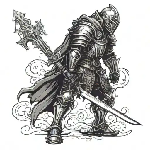 dark fantasy medieval knight standing with a sword in his hands pointing down tattoo design idea