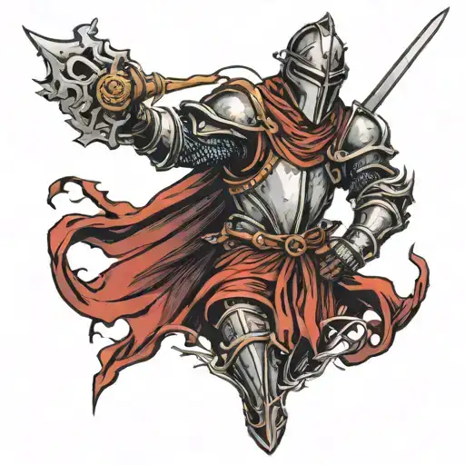 dark fantasy medieval knight standing with a sword in his hands pointing down tattoo design idea
