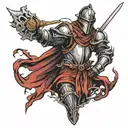 dark fantasy medieval knight standing with a sword in his hands pointing down tattoo design idea