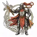 dark fantasy medieval knight standing with a sword in his hands pointing down tattoo design idea