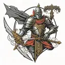 dark fantasy medieval knight standing with a sword in his hands pointing down tattoo design idea