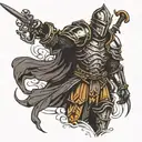 dark fantasy medieval knight standing with a sword in his hands pointing down tattoo design idea