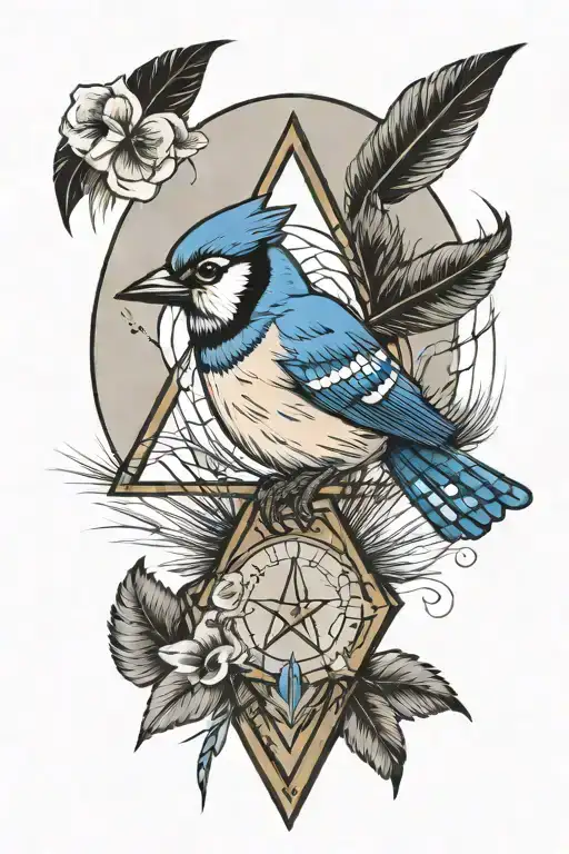 Aa Symbol Of A Triangle Inside A Circle, With a blue jay feather around a cresent moon tattoo design idea
