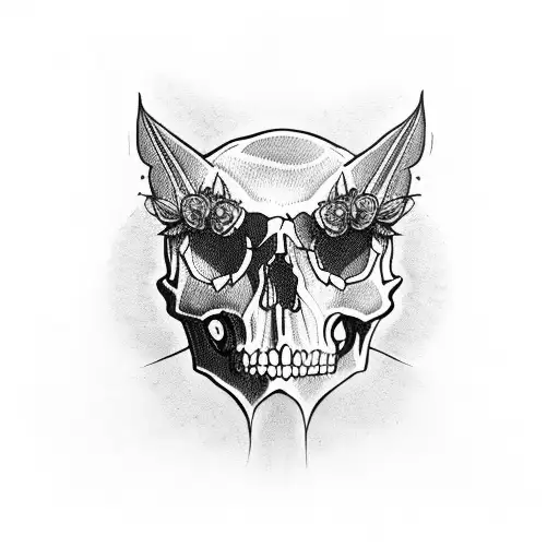 skull roses cat moth moon tattoo design idea