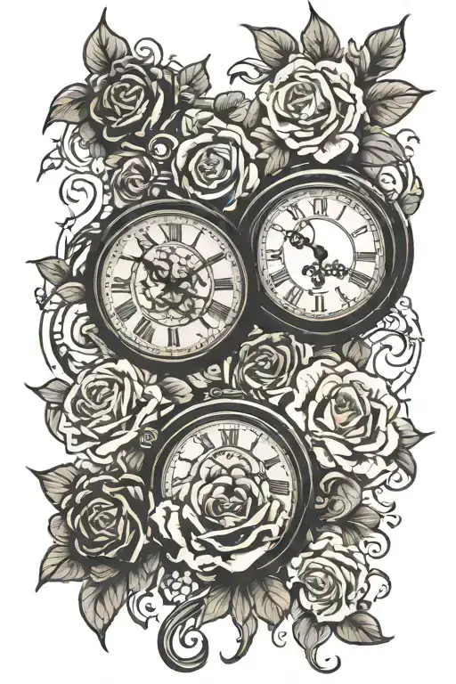 two Clocks with flowers intertwined representing children tattoo design idea