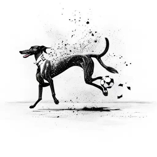 A silhouette of a greyhound running through a national park with a football in its mouth tattoo design idea