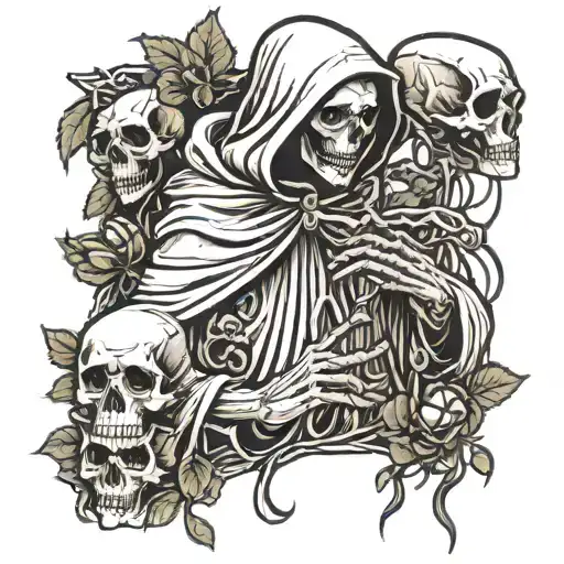 roses growing grim reaper hiding face holding scull with spited webs   tattoo design idea