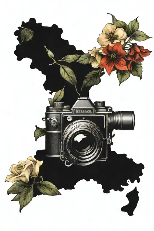 outline of Italy with a film camera in it, food, chef knives, flowers.  tattoo design idea