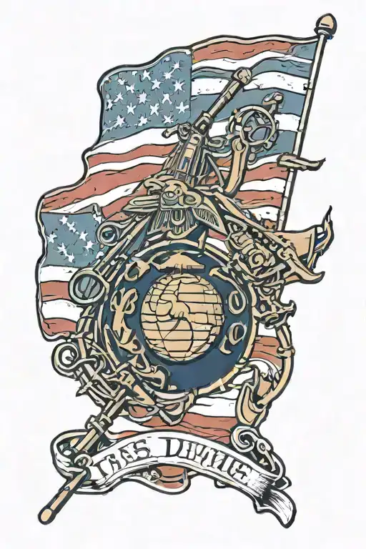 USMC, Marine silhouettes, Tattered USA flag, 5.56 shell casings  tattoo design idea