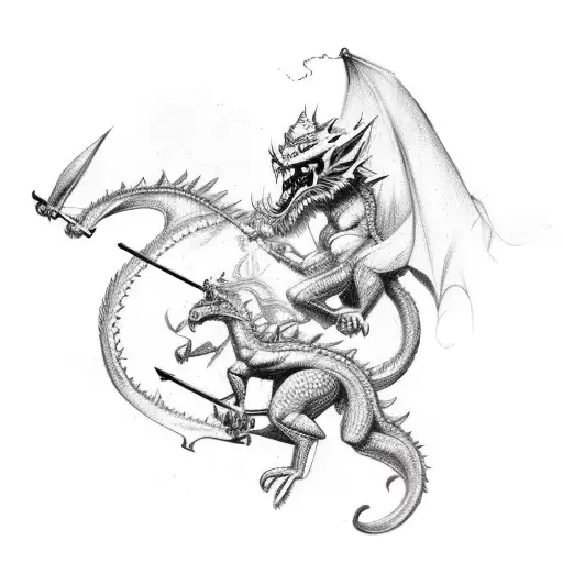 a monkey white two swords riding a horse riding a Dragon  tattoo design idea