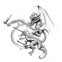 a monkey white two swords riding a horse riding a Dragon  tattoo design idea