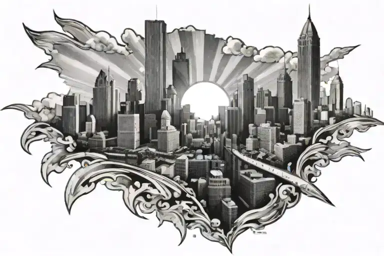 black and white tattoo of cincinnati city skyline with sun rays shading above on person's quad.  tattoo design idea