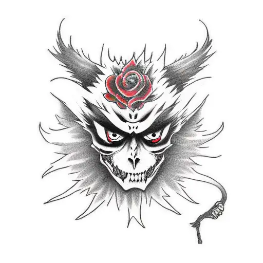 shinigami ryuk sitting with apple  tattoo design idea