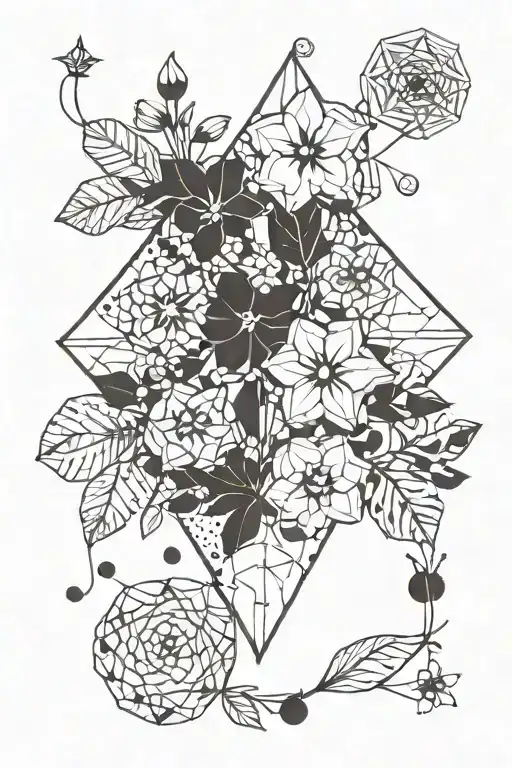 tiny flowers and leaves with sacred geometry and dots tattoo design idea