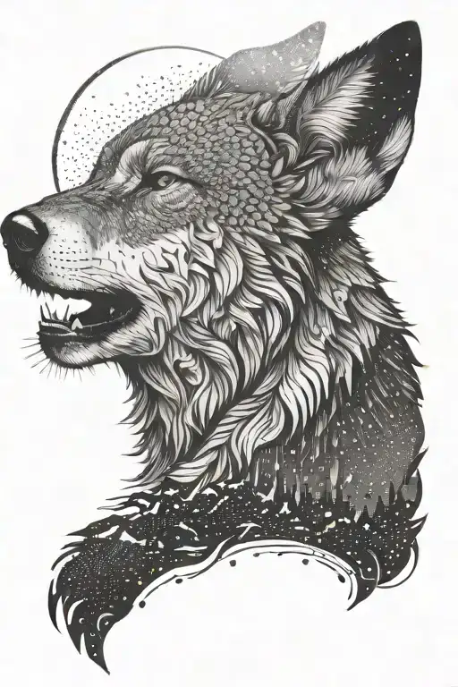 A dotwork portrait of a wolf howling at the moon, symbolizing strength and connection to nature tattoo design idea