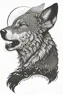 A dotwork portrait of a wolf howling at the moon, symbolizing strength and connection to nature tattoo design idea