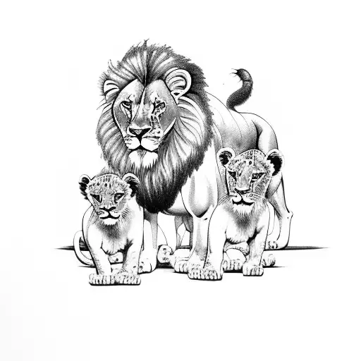 lion with 2 cubs and roses tattoo design idea