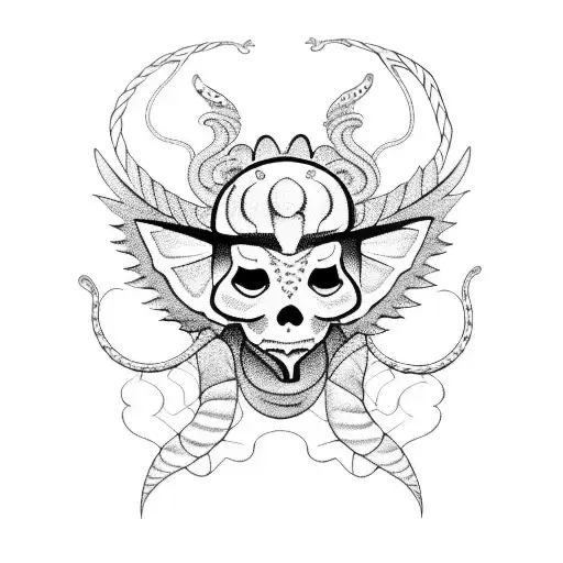 A blackwork tattoo of Juice Wrld with a snake and butterfly on each shoulder tattoo design idea