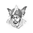 A blackwork tattoo of Juice Wrld with a snake and butterfly on each shoulder tattoo design idea