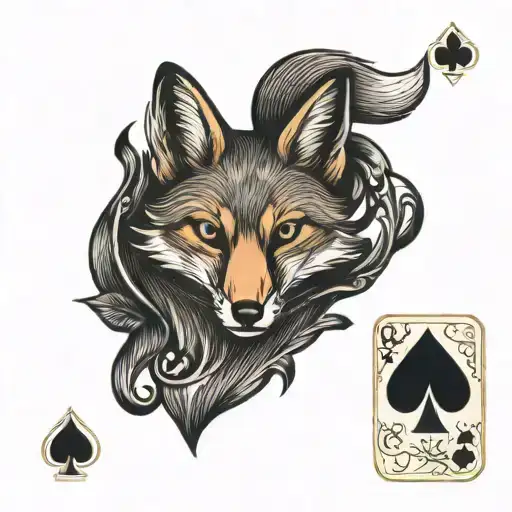 Fox with calligraphy accents and playing cards forming tattoo design idea