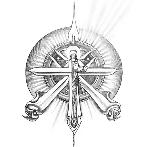 Saint michael holding a cross and sword with a sun and clouds in the background tattoo design idea